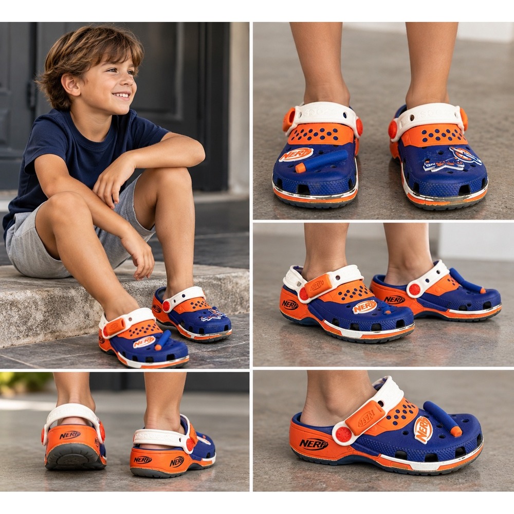 Crocs Kids Nerf Classic Clog Blue Orange J1 Clogs with Dart Holders and Charms